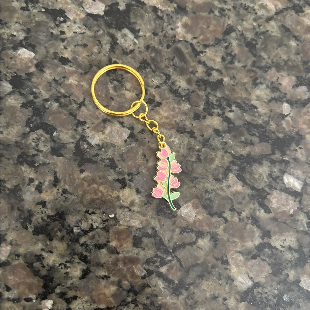 2 inch Enamel Floral Keychain with Pink and Green Accents - Picture 1 of 1